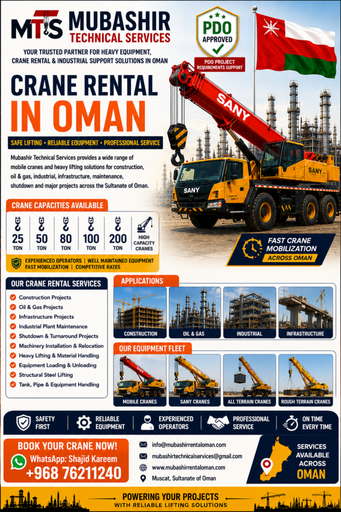 crane rental in Oman, crane rental Oman, mobile crane rental Oman, crane rental Muscat, SANY crane rental Oman, heavy crane rental Oman, crane hire Oman, mobile crane hire Oman, heavy lifting Oman, lifting equipment rental Oman, construction crane rental Oman, oil and gas crane rental Oman, industrial crane rental Oman, PDO project crane support, crane rental company Muscat, crane rental services Oman, 25 ton crane rental Oman, 50 ton crane rental Oman, 100 ton crane rental Oman, 200 ton crane rental Oman, Mubashir Rental Oman, Mubashir Technical Services