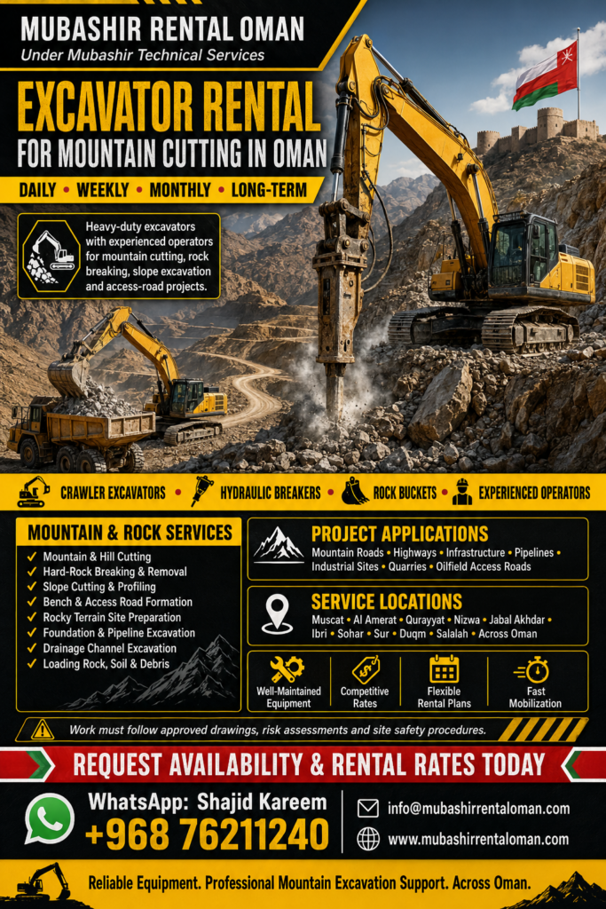 Excavator Rental Oman, Excavator Hire Oman, Daily Excavator Rental, Weekly Excavator Rental, Monthly Excavator Rental, Excavator with Operator, Hydraulic Excavator Rental, Excavator Breaker Rental, Heavy Equipment Rental Oman, Earthmoving Equipment Oman, Construction Equipment Rental, Trenching Services Oman, Muscat Excavator Rental
